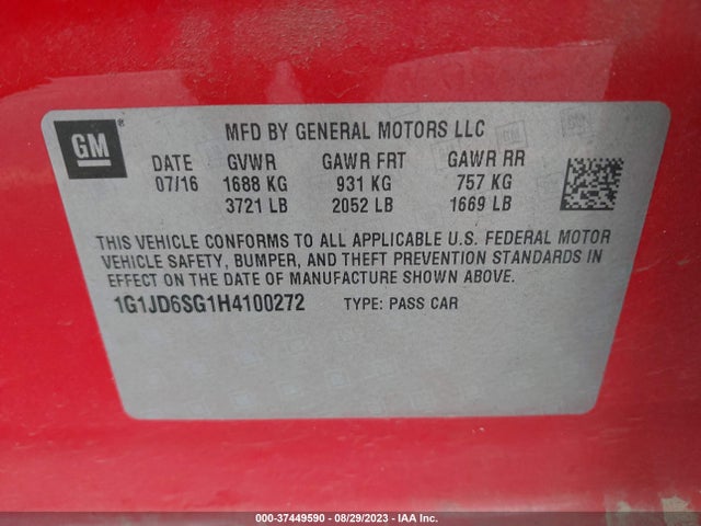 Chevrolet SONIC LT 2017 1G1JD6SG1H4100272 Image 9