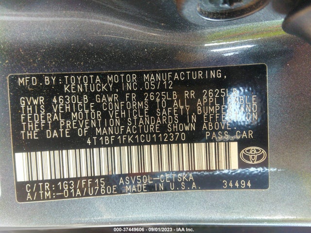 2012 TOYOTA CAMRY L/LE/SE/XLE VIN: 4T1BF1FK1CU112370