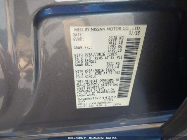 1N6AD0EV1JN744222 Nissan Frontier Sv V6