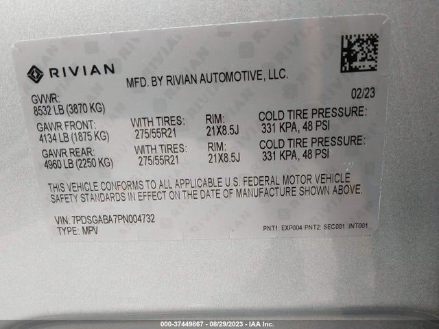 Продаж на аукціоні авто 2023 Rivian R1s Adventure, vin: 7PDSGABA7PN004732, номер лоту: 37449867