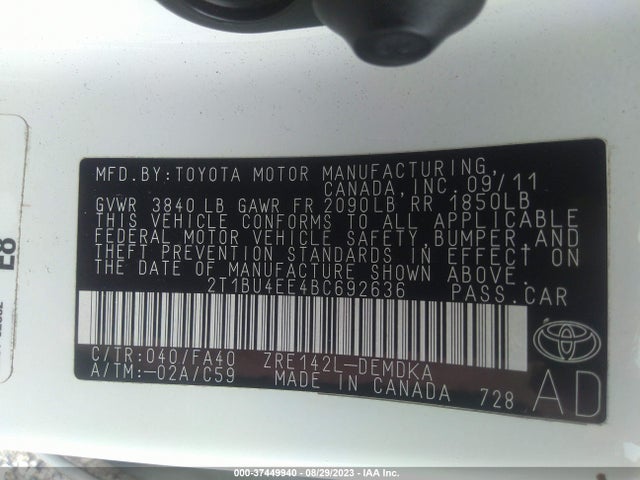 2011 TOYOTA COROLLA L/LE/S VIN: 2T1BU4EE4BC692636