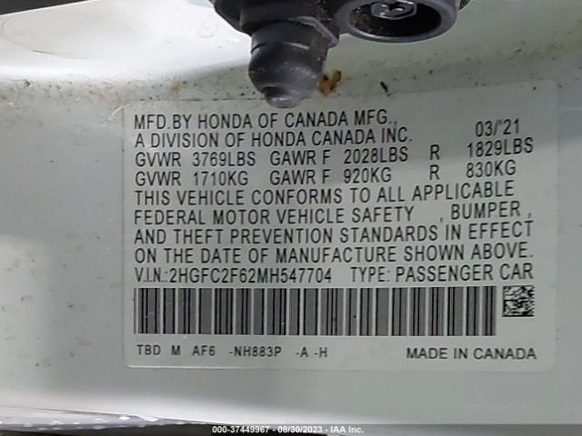 2HGFC2F62MH547704 Honda Civic Sedan Lx