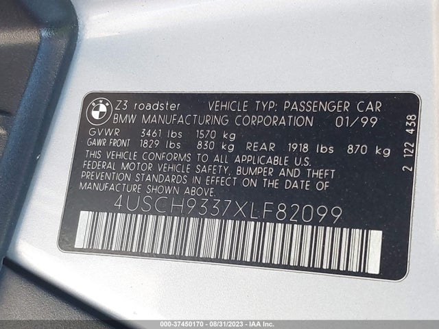 1999 BMW Z3 2.5L VIN: 4USCH9337XLF82099
