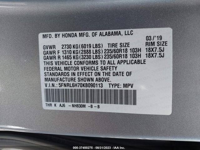 Honda Odyssey Ex-l 2019 5FNRL6H70KB090113 Image 9