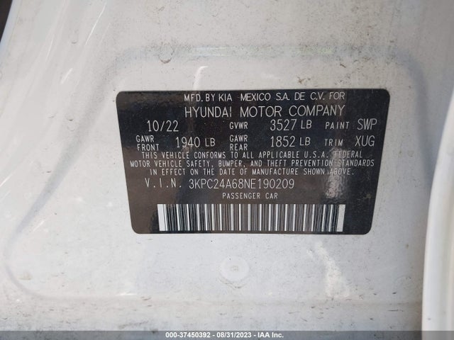 2022 HYUNDAI ACCENT SEL VIN: 3KPC24A68NE190209