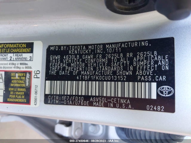 2012 TOYOTA CAMRY L/LE/SE/XLE VIN: 4T1BF1FK0CU013152