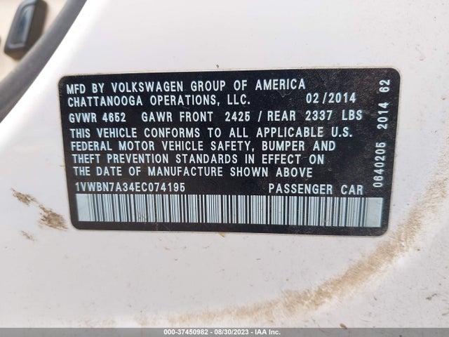 1VWBN7A34EC074195 Volkswagen Passat Tdi Se W/sunroof