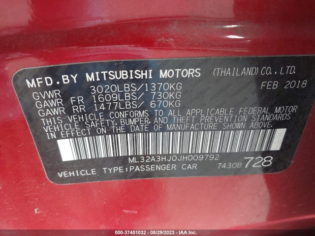 ML32A3HJ0JH009792 Mitsubishi MIRAGE ES