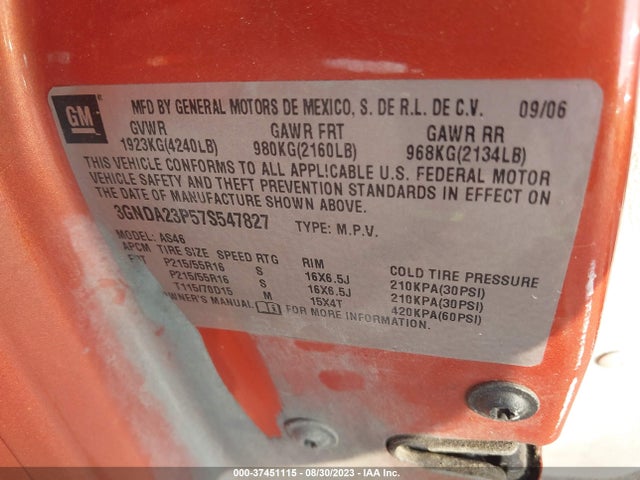 2007 CHEVROLET HHR LT VIN: 3GNDA23P57S547827