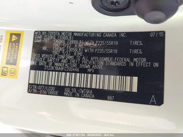 2T2ZK1BA9FC200446 Lexus RX 350