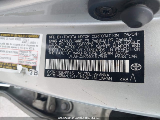2004 TOYOTA CAMRY LE/XLE VIN: JTDBF32KX40157905