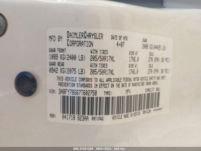 2007 CHRYSLER PT CRUISER GT VIN: 3A8FY78G67T602758