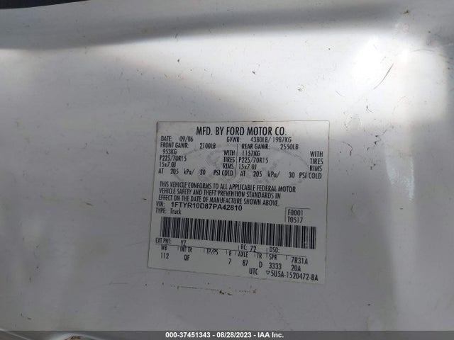 2007 FORD RANGER XL/STX/XLT VIN: 1FTYR10D87PA42810
