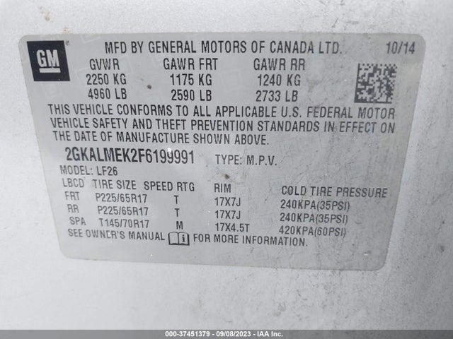 GMC Terrain Sle 2015 2GKALMEK2F6199991 Image 9