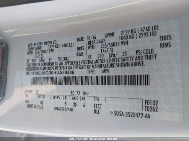 1FMCU9GD0HUA39346 Ford ESCAPE SE
