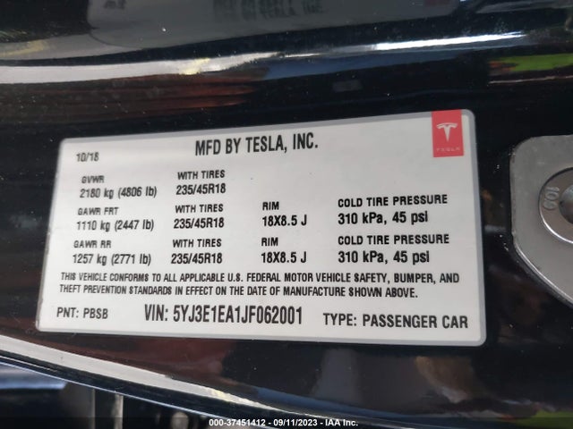 Tesla Model 3 Range Battery 2018 5YJ3E1EA1JF062001 Image 8