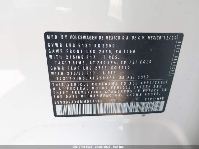 3VV3B7AX6MM047145 Volkswagen Tiguan Se/se R-line Black/sel