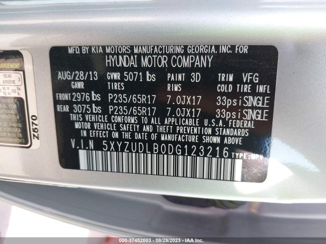 2013 HYUNDAI SANTA FE SPORT VIN: 5XYZUDLB0DG123216
