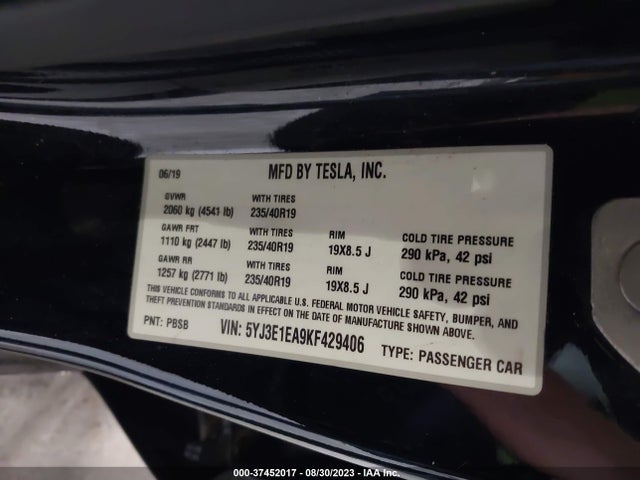 2019 Tesla 3, VIN: 5YJ3E1EA9KF429406