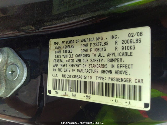 2008 HONDA ACCORD CPE LX-S VIN: 1HGCS12398A015110