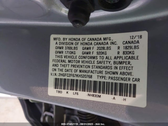 Honda Civic Sedan Lx 2019 2HGFC2F67KH520768 Image 9