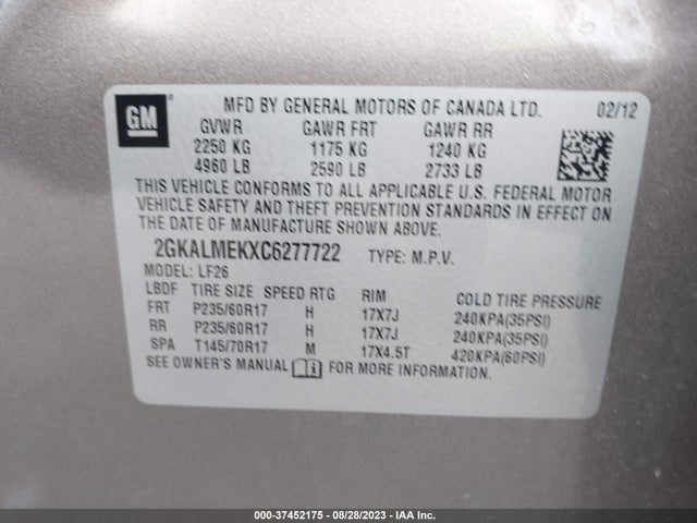 2012 GMC TERRAIN SLE-1 VIN: 2GKALMEKXC6277722