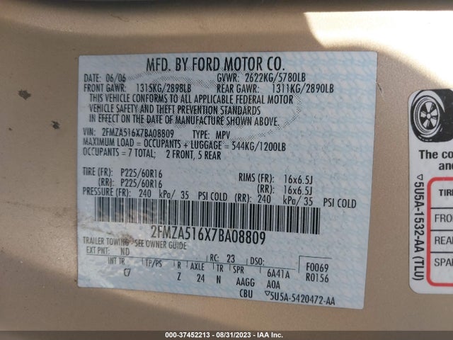 2007 FORD FREESTAR WAGON SE VIN: 2FMZA516X7BA08809