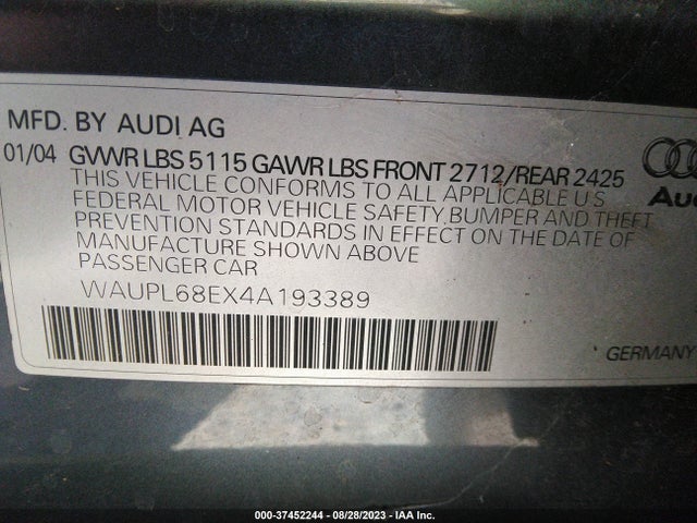 2004 AUDI S4 VIN: WAUPL68EX4A193389