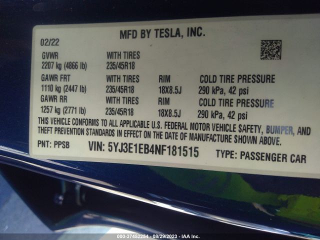 5YJ3E1EB4NF181515 Tesla Model 3 Long Range Dual Motor All-wheel Drive