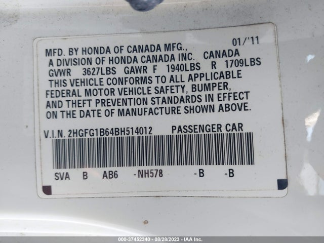 2011 HONDA CIVIC CPE LX VIN: 2HGFG1B64BH514012