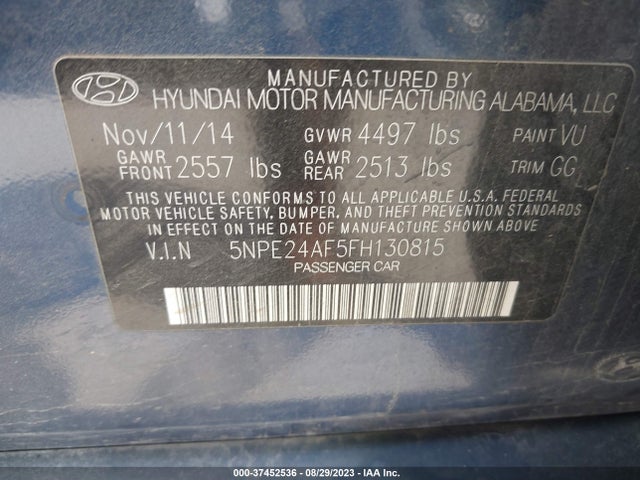 2015 HYUNDAI SONATA 2.4L SE VIN: 5NPE24AF5FH130815
