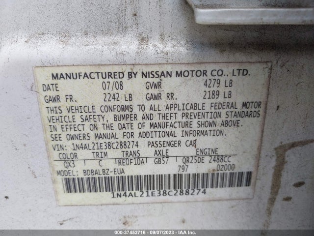 2008 NISSAN ALTIMA 2.5 SL VIN: 1N4AL21E38C288274