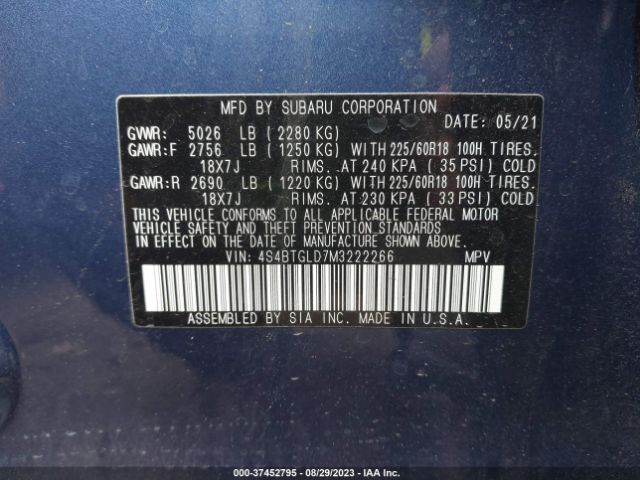 4S4BTGLD7M3222266 Subaru Outback Onyx Edition Xt