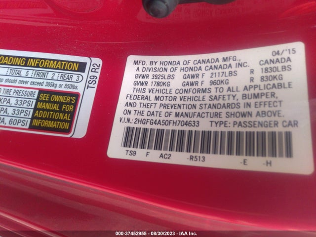 2015 HONDA CIVIC COUPE SI VIN: 2HGFG4A50FH704633