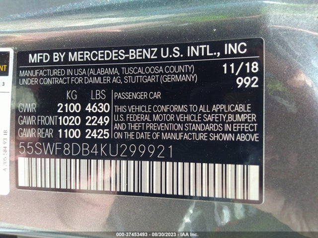 2019 MERCEDES-BENZ C 300 VIN: 55SWF8DB4KU299921