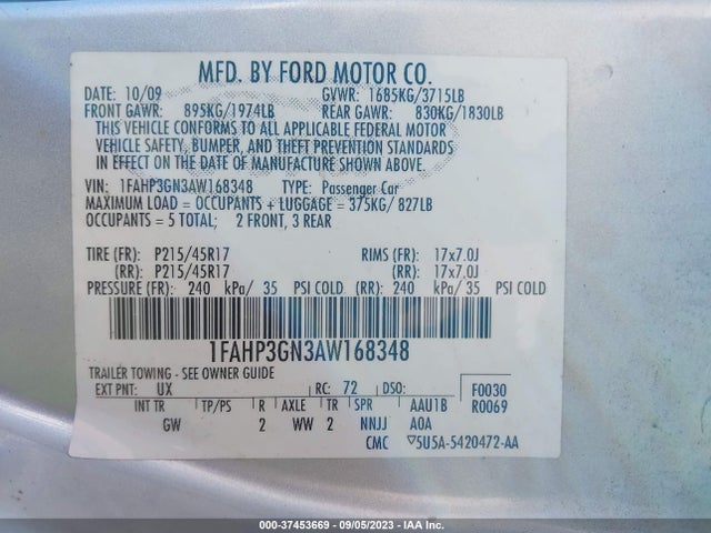 2010 FORD FOCUS SES VIN: 1FAHP3GN3AW168348