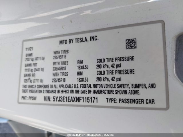 5YJ3E1EAXNF115171 Tesla MODEL 3
