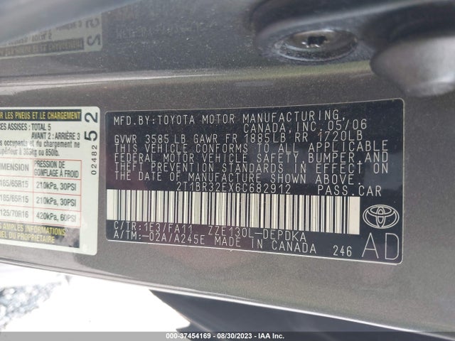 2006 TOYOTA COROLLA CE/S/LE VIN: 2T1BR32EX6C682912
