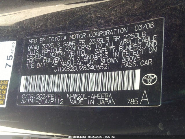 2008 TOYOTA PRIUS VIN: JTDKB20U283406521