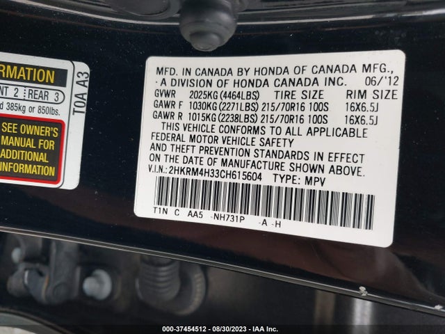 2012 HONDA CR-V LX VIN: 2HKRM4H33CH615604