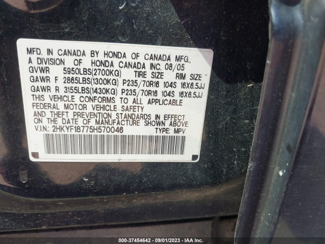 2005 HONDA PILOT EX-L WITH NAVI VIN: 2HKYF18775H570046