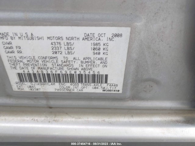 2009 MITSUBISHI GALANT ES/SPORT VIN: 4A3AB36F69E035456
