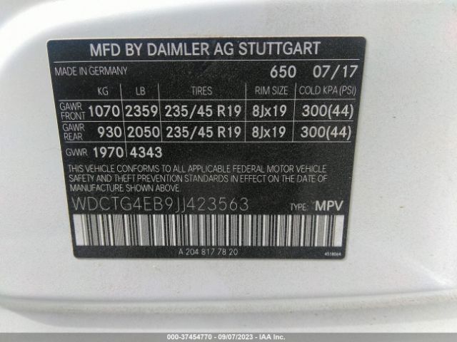 WDCTG4EB9JJ423563 Mercedes-Benz Gla Gla 250