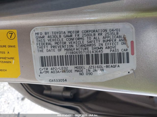 2001 LEXUS GS 300 VIN: JT8BD69S710143645