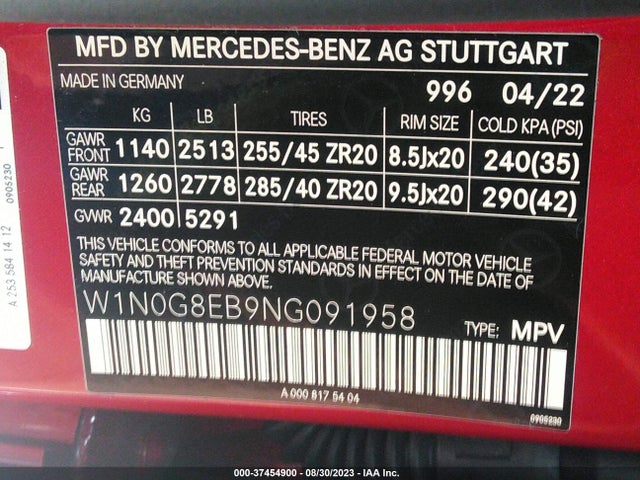 2022 MERCEDES-BENZ GLC GLC 300 VIN: W1N0G8EB9NG091958