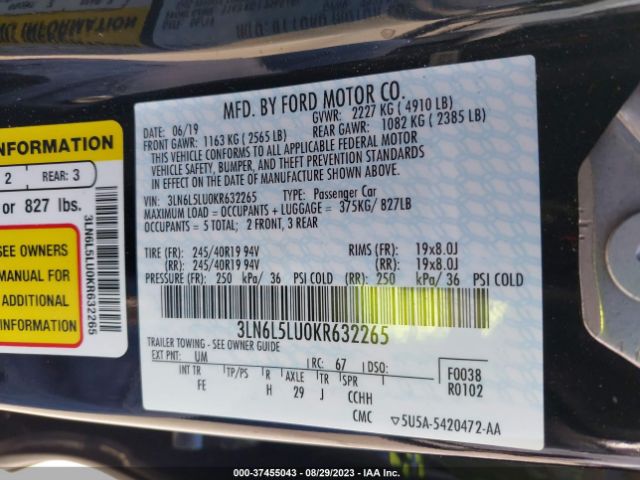 3LN6L5LU0KR632265 Lincoln Mkz Hybrid Reserve I