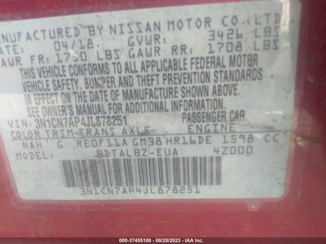 3N1CN7AP4JL878251 Nissan Versa Sedan Sv