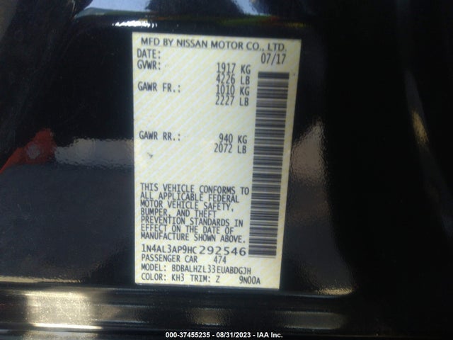 2017 NISSAN ALTIMA 2.5 SR VIN: 1N4AL3AP9HC292546