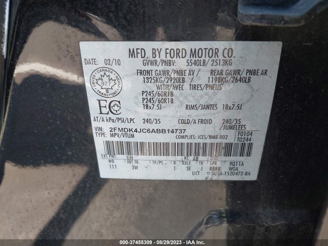 2010 FORD EDGE SEL VIN: 2FMDK4JC6ABB14737
