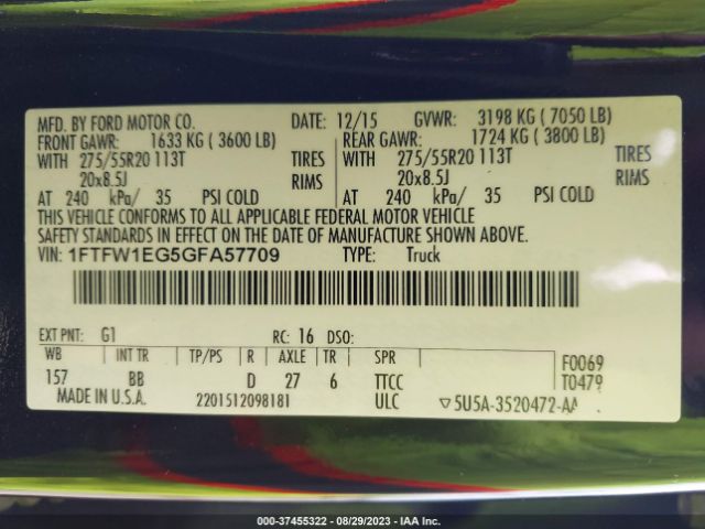 1FTFW1EG5GFA57709 Ford F-150 Xlt/xl/lariat/platinum